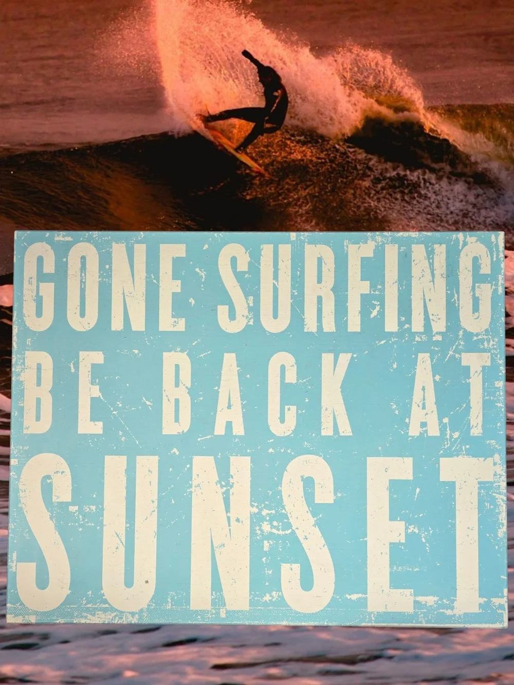 Coastal 'Gone Surfing Be Back at Sunset' Blue Wall Sign